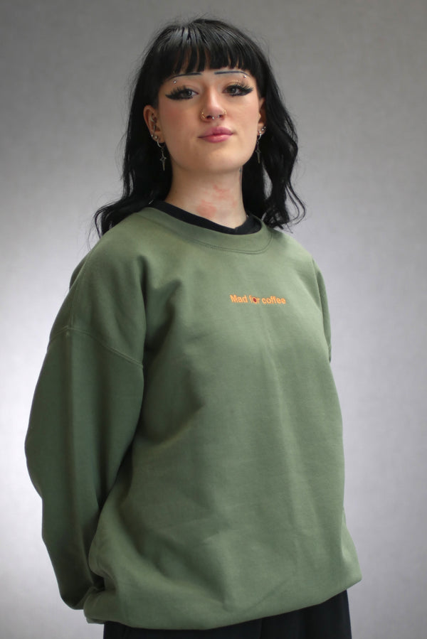 Mad for Coffee Crewneck Sweatshirt Olive
